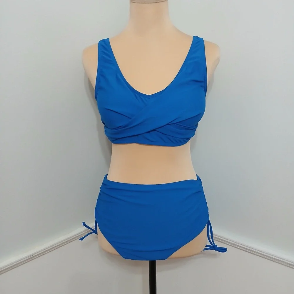 Blue High Waisted Bikini Set Crossover V-Neck Ruched Side Tie Swimsuit Medium‎